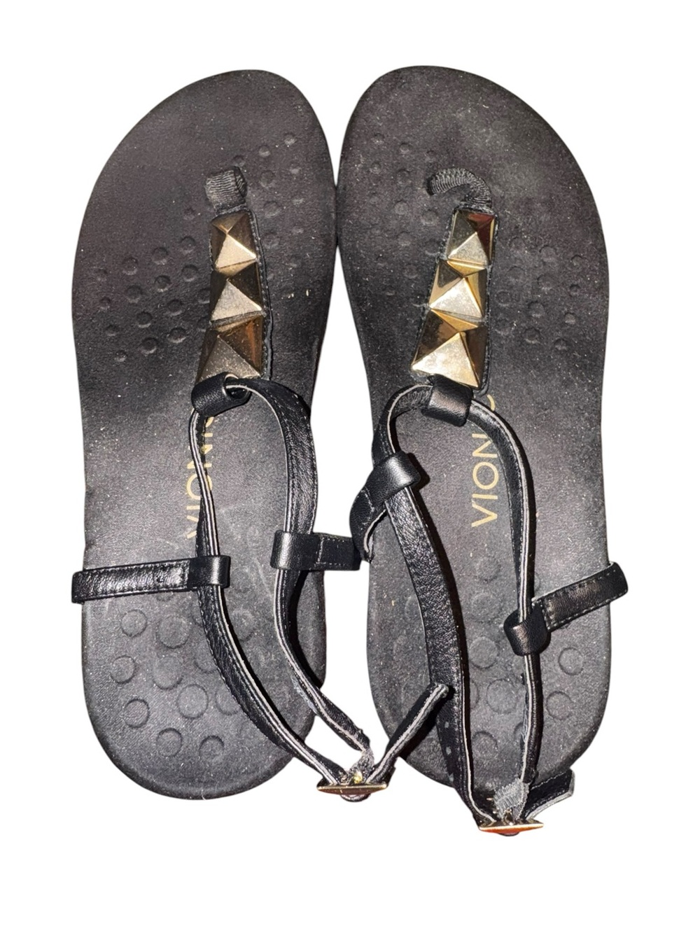 Vionic Black T-Strap Sandal with Gold Pyramid Studs